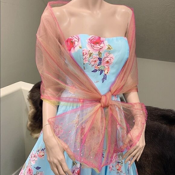 New Strapless Blue Floral Print Ball Gown With Sequined Shawl - Picture 10 of 15